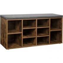 Banc à Chaussures, Étagère à Chaussures, Meuble de Rangement, 10 Compartiments, Organisateur, avec Coussin, pour entrée, 104 x 30 x 48 cm, Marron
