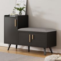 Banc à chaussures moderne avec trois portes de rangement, avec poignées asymétriques en métal et plusieurs niveaux de rangement - dimensions :