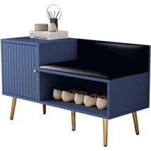 Coffre à chaussures moderne et luxueux de couleur bleue avec espace de rangement, banc et dossier rembourrés - Étagère à chaussures avec poignées et