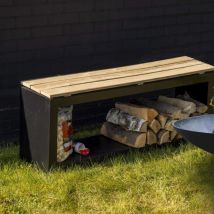 Banc de jardin en bois et acier – Rangement bûches extérieur – 118 x 29,5 x 48 cm – Noir