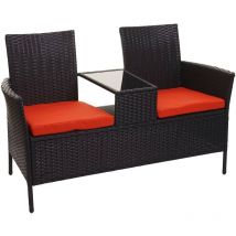 Banc avec table en polyrotin HHG-243, banquette de jardin, ensemble,132cm, noir, coussin terre cuite