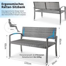 Banc de Jardin en Rotin, Banc Extérieur, Banc Balcon 2 Places,Mobilier de Jardin,Rotin Unilatéral,122x60x85cm, Gris