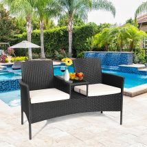Banc de jardinen Polyrotin Anti-UV 2 Places Table Intégrée en Verre Trempé avec Coussins Epais L138 x P61 x H85 cm Noir+Blanc Maison Chic