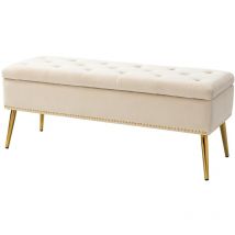 Hulala Home - Banc de Rangement Moderne en Velours avec Base Dorée et Garniture Cloutée, Banc de Chambre Rembourré pour Bout de Lit, Repose-Pieds
