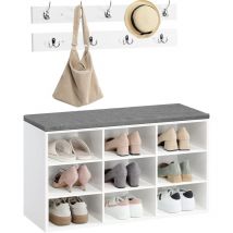 Banc de Rangement, Porte-Manteau, 9 Crochets, Rembourré, 80 x 30 x 48 cm, Meuble Chaussure, 9 Compartiments, Banquette, Meuble d’Entrée, Couloir,
