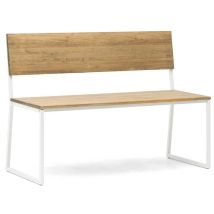 Banc Oxford eco en style industriel avec dossier en bois de pin massif finition vieillie. Couleur métal blanc. 84 x 44 x 86 cm. Box Furniture