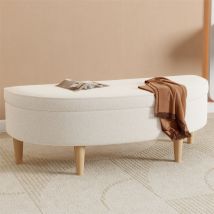 Banc rembourré, Banc de lit, banc de piano, avec espace de rangement, pied en bois, imitation non-tissé, pin + mdf, blanc