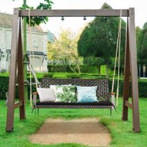Maisonchic - Banc Suspendu de Jardin en Rotin 2 Place Accoudoirs en Bois d'Acacia Cadre en Métal Coussin Cordes Crochets Noir CW4863 Maison Chic