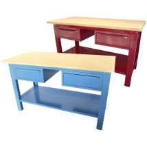 Sogi - Banco da lavoro 1,5 metri con piano in legno portata 1000 kg + 2 cassetti - blu/rosso, ColoreRosso