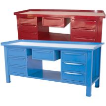 Sogi - Banco da lavoro 2 metri con piano in acciaio + 2 armadi a 3 cassetti + 1 cassetto - blu/rosso, ColoreRosso