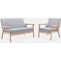 Banco y sillón de madera y tela, 3 plazas, Isak, Gris claro, 114x69.5x73 cm