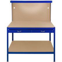 Monster Shop - Banco de Trabajo Azul con Tablero de Clavijas,Cajón+Luz led, Mesa de Trabajo Estantes Taller Garaje Bricolaje Almacenamiento