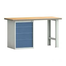 KLK - Banco de trabajo pw 700 l 2000xP700xH840 mm haya Multiplex gris claro, ral 7035 azul genciana, ral 5010 4 cajones