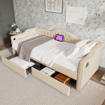 Banquette-lit rembourrée, canapé-lit, lits rangements, cadre de lit avec fonction de chargement usb Type c et 2 tiroirs 90x200cm velours beige (sans