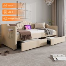 Banquette-lit Rembourrée, Canapé-lit, Lits Rangements, Cadre De Lit Avec Fonction De Chargement Usb Type C Et 2 Tiroirs (sans Matelas) En Velours 