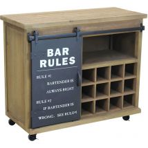 Defibrico - Mobile credenza madia da interno bar in acciaio e legno con ruote scomparto a 12 posti per bottiglie e anta scorrevole No Rules