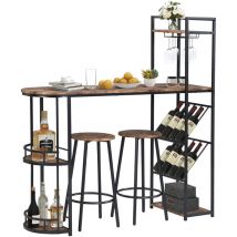 Modernluxe - Bar Table Set with 2 Chairs, Counter Height Kitchen Dining Table, Wine Rack, Breakfast Bar Table and Stool Set, Industrial, Rustic Brown