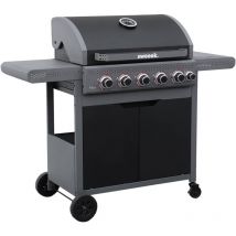 Sweeek - Barbecue au gaz Edmond noir - 5 brûleurs + 1 feu latéral. avec thermomètre. l 132x P62 x H143 cm