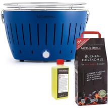 Lotus Grill - Barbecue Bleu avec Piles et Câble d'Alimentation usb + 2,5Kg de Charbon de Bois de Hêtre + Gel Combustible 500ml