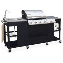 Barbecue. cuisine extérieure gaz - D'Artagnan - Barbecue 5 brûleurs dont 1 feu latéral. inox et noir. évier. planche à découper bois. ustensiles