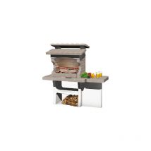 Barbecue Luxor en be'ton re'fractaire style briquette sur foyer et toit avec hotte et grill 159x72x161,5 cm fonctionnant au charbon de bois ou au bois