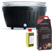 Lotus Grill - Barbecue Noir xl avec Piles et Câble d'Alimentation usb + 2,5Kg de Charbon de Bois de Hêtre + Gel Combustible 500ml