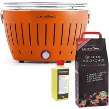 Lotus Grill - Barbecue Orange avec Piles et Câble d'Alimentation usb + 2,5Kg de Charbon de Bois de Hêtre + Gel Combustible 500ml
