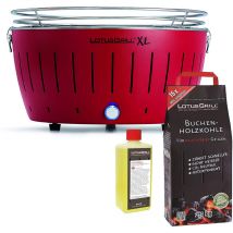 Lotus Grill - Barbecue Rosso xl con Batterie e Cavo di Alimentazione usb + 2.5Kg di Carbonella di Faggio + Gel Combustibile 500ml