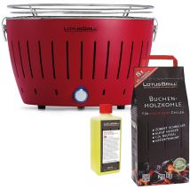 Lotus Grill - Barbecue rouge avec piles et câble d'alimentation usb + 2,5 kg de charbon de bois de hêtre + gel combustible 500 ml
