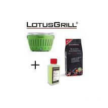 Lotus Grill - Barbecue Vert avec Piles et Câble d'Alimentation usb + 1Kg de Charbon de Bois de Hêtre + Gel Combustible Inodore pour Barbecue 200ml