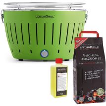 Lotus Grill - Barbacoa Verde con Pilas y Cable de Alimentación usb + 2,5Kg de Carbón de Haya + Gel Combustible 500ml