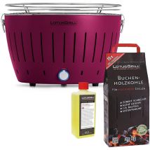 Lotus Grill - Barbecue violet avec piles et câble d'alimentation usb + 2,5 kg de charbon de bois de hêtre + 500 ml de gel combustible