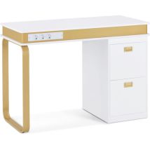 Schreibtisch mit Schubladen für Nagelstudio, Manikürtisch mit 3 Steckdosen, Schminktisch ohne Spiegel Weiß-Gold, Nageltisch aus Holz Metallgestell,