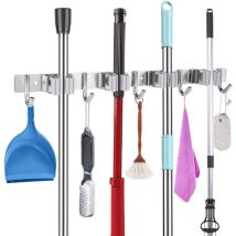 Barra de control para escobas de acero inoxidable, colgador de electrodomésticos de pared con 4 ranuras y 5 ganchos para el hogar, la cocina, el