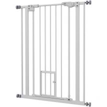 Pawhut - Barrière de sécurité animaux - longueur réglable dim. 74-80 cm - porte double verrouillage, ouverture double sens, petite porte -sans