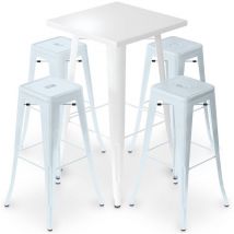 Packung Weißer Hockertisch Und Packung Mit 4 Barhockern - Industriedesign - Metall - Neuauflage - Bistrot Stylix Grau Blau