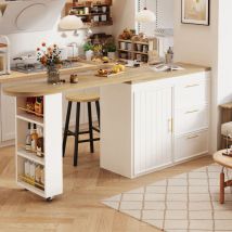 Bartisch Mdf Weiß 128-203x39x90 Cm, 360° Drehbar, 3 Schubladen, Verstellbare Einlegeböden, Seitenablage, Kippschutz