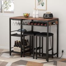 Bartisch Mit Barhocker Set, Stehtisch Mit 2 Barhockern Und Ladestation, Esstisch Set Mit 2 Seitenregalen, Stahlgestell, Industrie-design, Küchentisch 