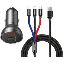 Basetech - Chargeur voiture 2x usb 4,8A 24W avec écran lcd + câble 3-en-1 1,2m noir