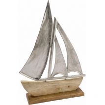 Spetebo - Bateau en métal avec bois de mangue - 40 cm - Voilier en aluminium sur socle (grand)