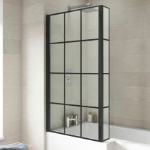 Luxura - Bath Shower Screen Door Hinged 800mm Black Grid Square 6mm Glass Return Panel - Black