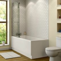 Ceramica - 1700 x 750mm Bathroom Single Ended Square Bath & Curved Edge Chrome Shower Screen with Front & End Panels - White
