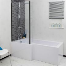 Affine - Bathroom l Shape Bath Black Shower Screen Left Hand Front End Panel White 1600mm - White