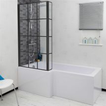 Ceramica - Bathroom l Shaped Bath Black Grid Shower Screen lh Front Panel White 1600mm