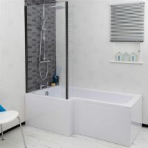 Bathroom l Shaped Bath Black Shower Screen Left Hand Front Panel White 1500mm - White