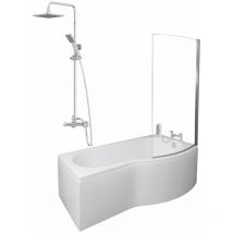 1700mm Bathroom P Shaped Bath Mixer Shower Screen RH White with Front Panel