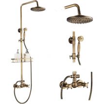 Bathroom Shower System Antique Brass Finish 8 inch Round Rainfall Shower Head and Hand Sprayer with Shelf Holder Shower Set