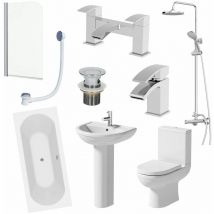 Affine - Bathroom Suite 1700 Double Ended Bath Toilet Basin Pedestal Shower Screen Panel - White