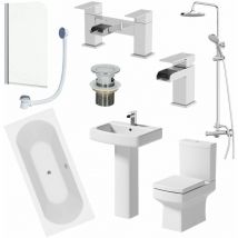 Bathroom Suite 1700mm Double Ended Bath Shower Screen Toilet Pedestal Basin Taps
