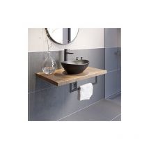 Vitusso - Bathroom Oak Wall Hung Vanity Unit and Basin Sink Cabinet Storage 600mm Floating Shelf with 405mm Oval Black Basin